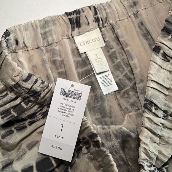 Womens CHICOS 1 Brown Black and Beige Tie Dye Fringed Skirt Pull On Sz Small NWT - Picture 2 of 9